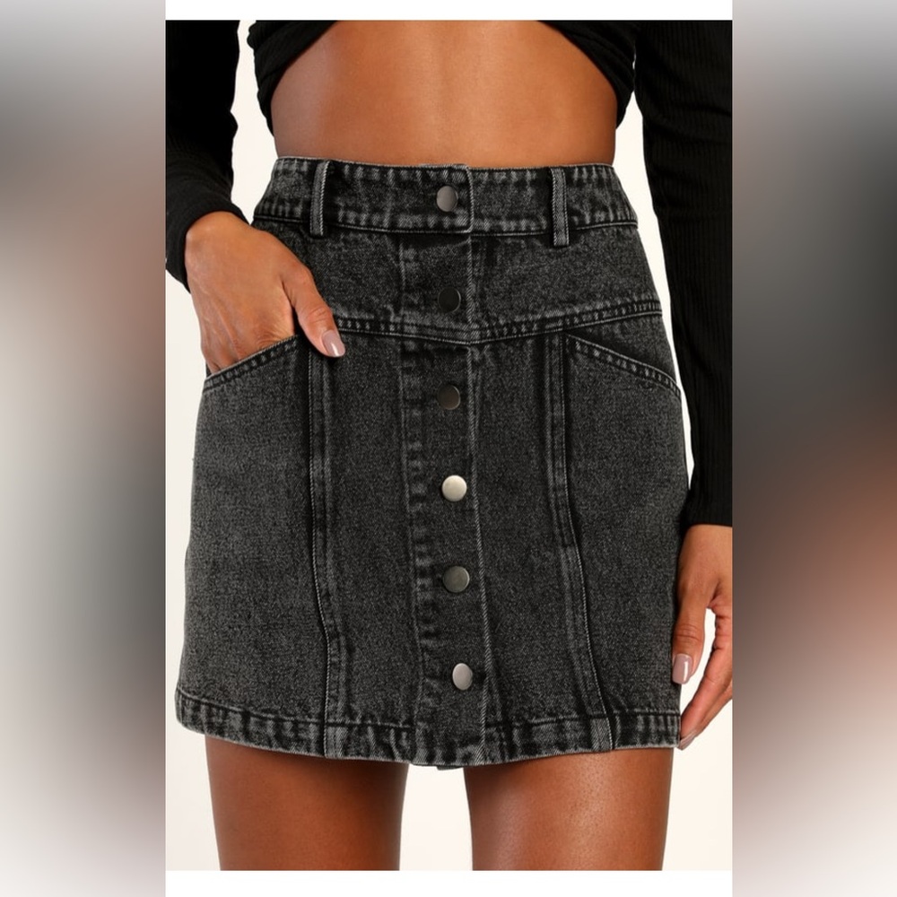 Black high-waisted denim mini skirt